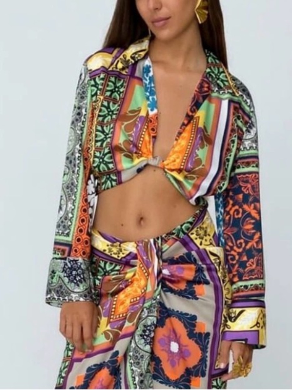 Zara Vibrant Patchwork Print Satin tropical crop blouse